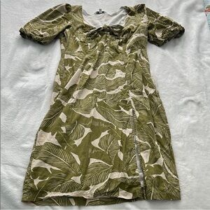 Walter Baker Olive and Cream Leaf Print Midi Dress